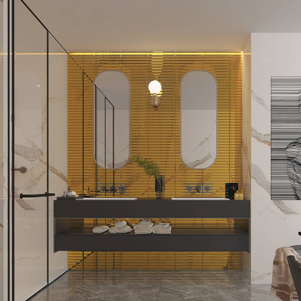 Gold Mirror Strip Glass Tile with Beveled Edge, 12*12 inch, Mesh Backing, DM0030S